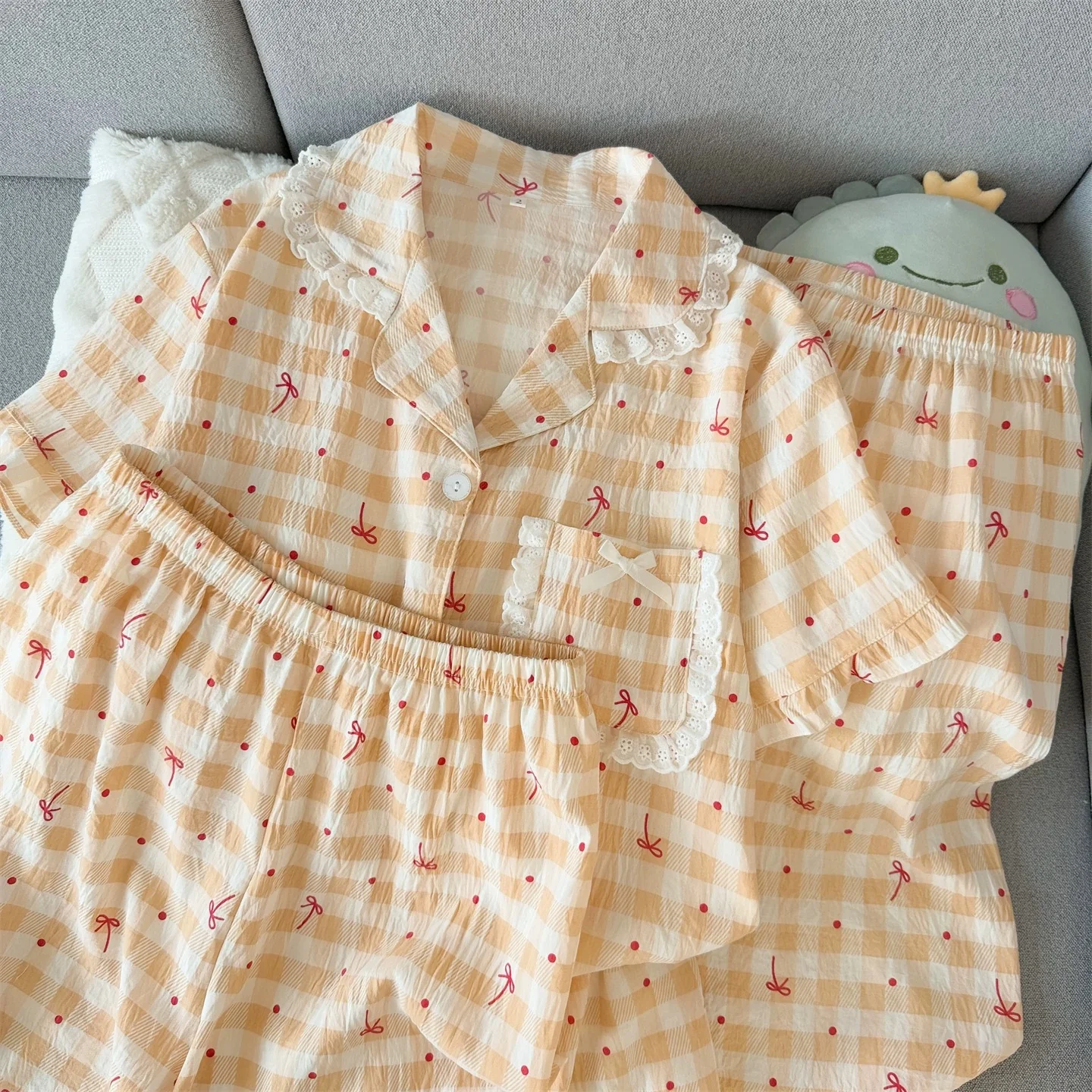 Aesthetic Bow Gingham Padded Nightsuit -3pcs Set - ricardofort