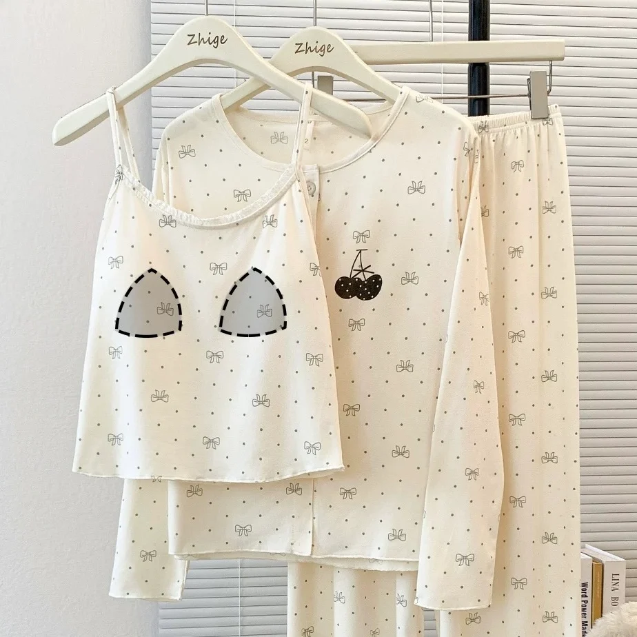 Soft Vanilla Bow Padded Nightsuit - 3pc Set - ricardofort