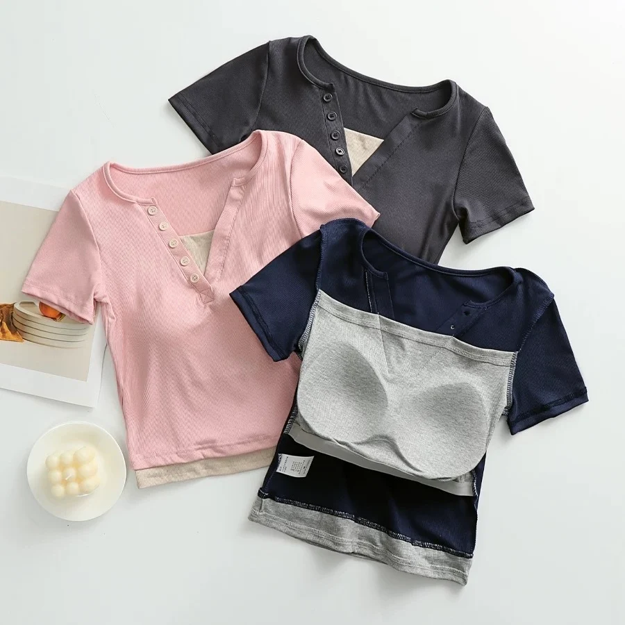Ozark Buttoned Built-In Bra T-shirt - ricardofort