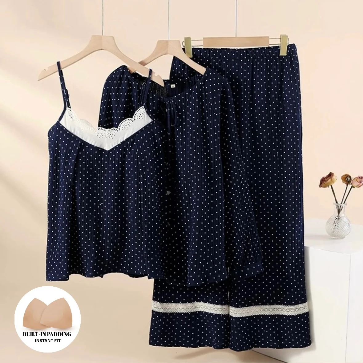 Navy Polka Dot Padded Nightsuit- 3pc Set - ricardofort