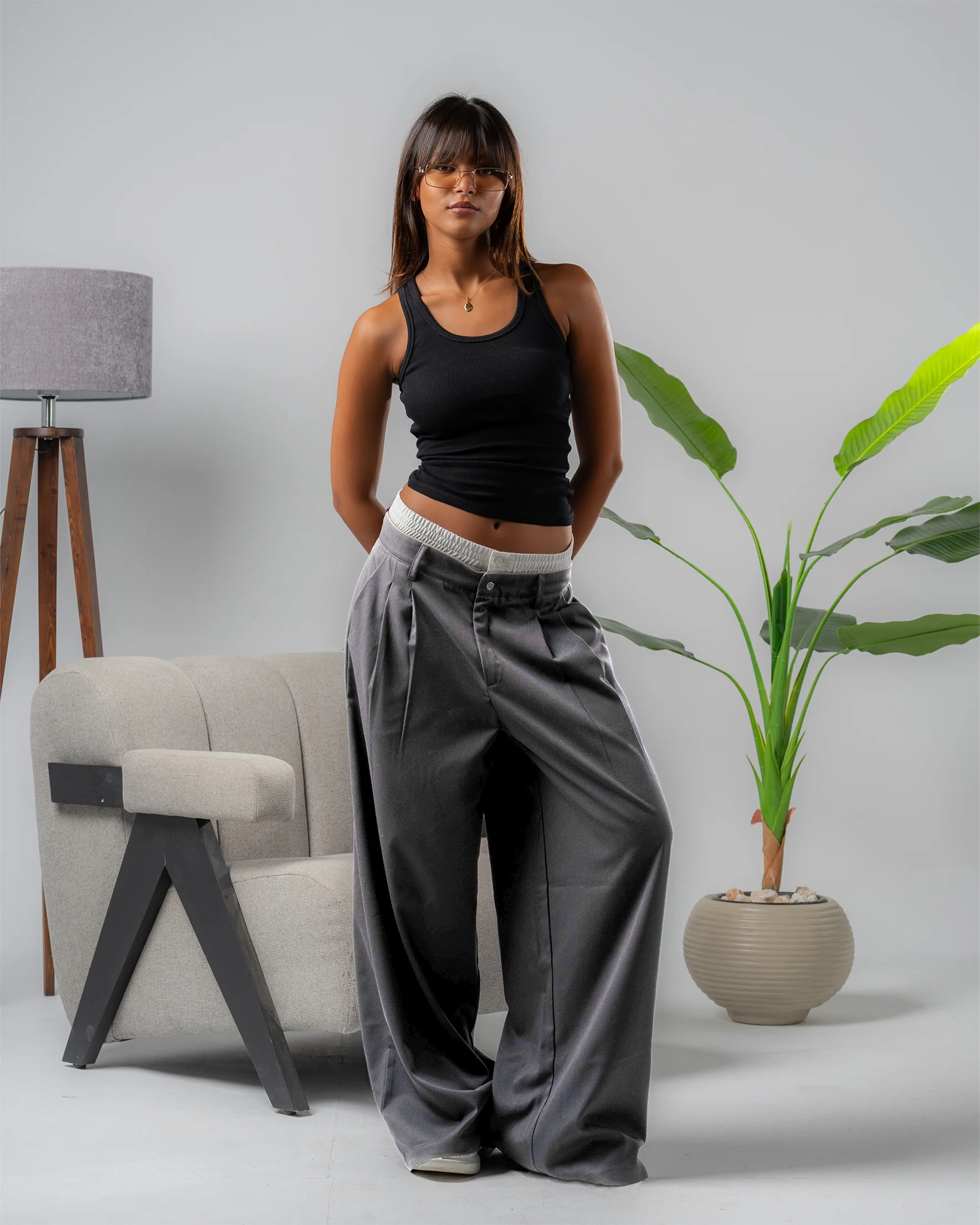 Grey Double Waist Wide leg pants - ricardofort