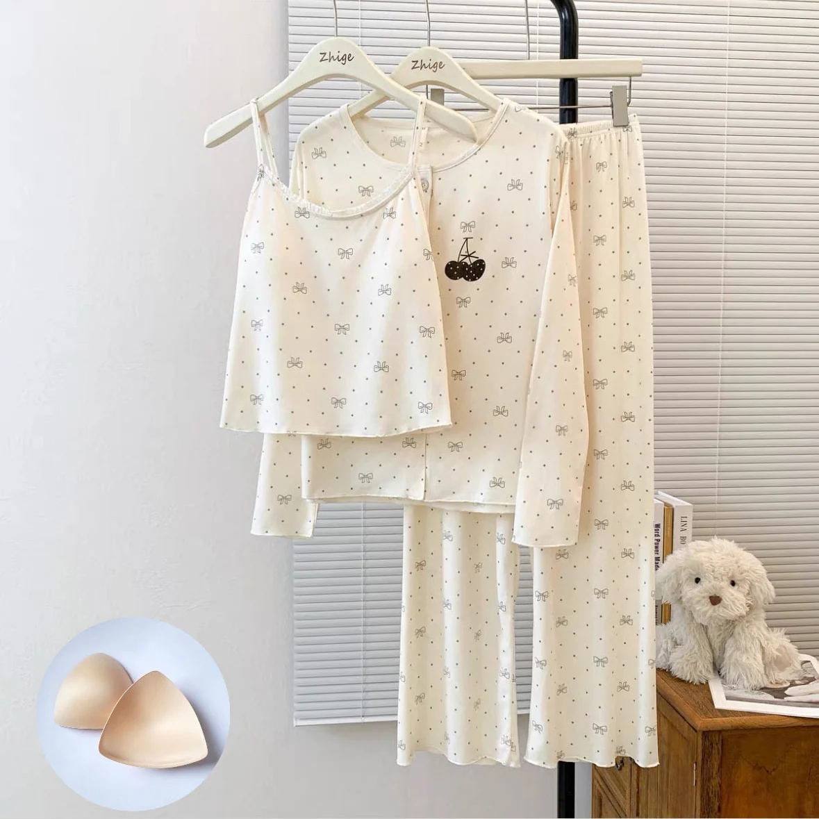 Soft Vanilla Bow Padded Nightsuit - 3pc Set - ricardofort