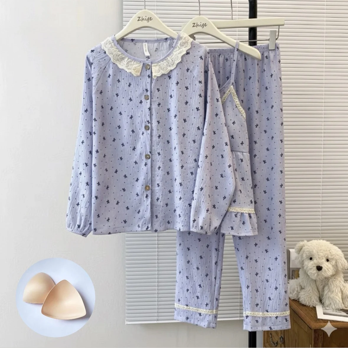 Lavender Lace Padded Nightsuit - 3pc Set - ricardofort