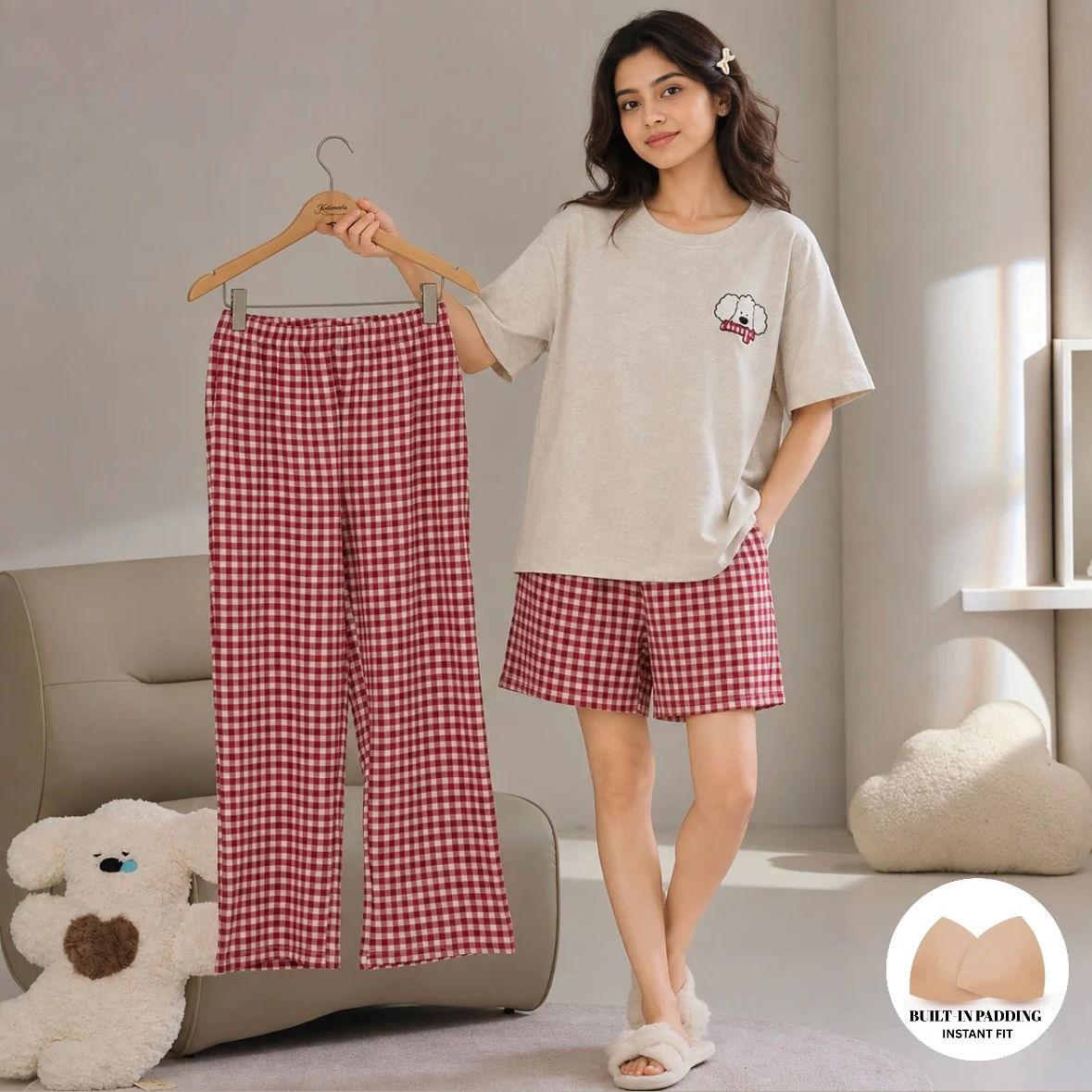 Classic Gingham Padded Nightsuit - 3pc Set - ricardofort