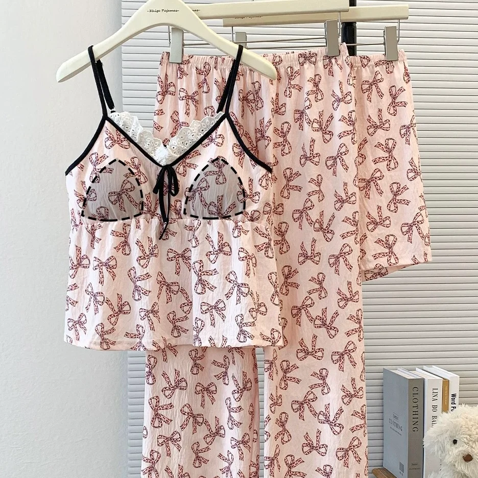 Bow Ribbon Lace Padded Nightsuit -3pc Set - ricardofort