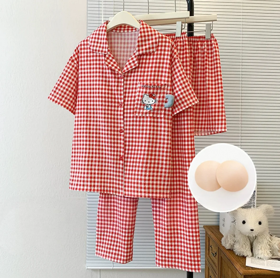 Kitty Gingham Padded Nightsuit -3pc Set - ricardofort