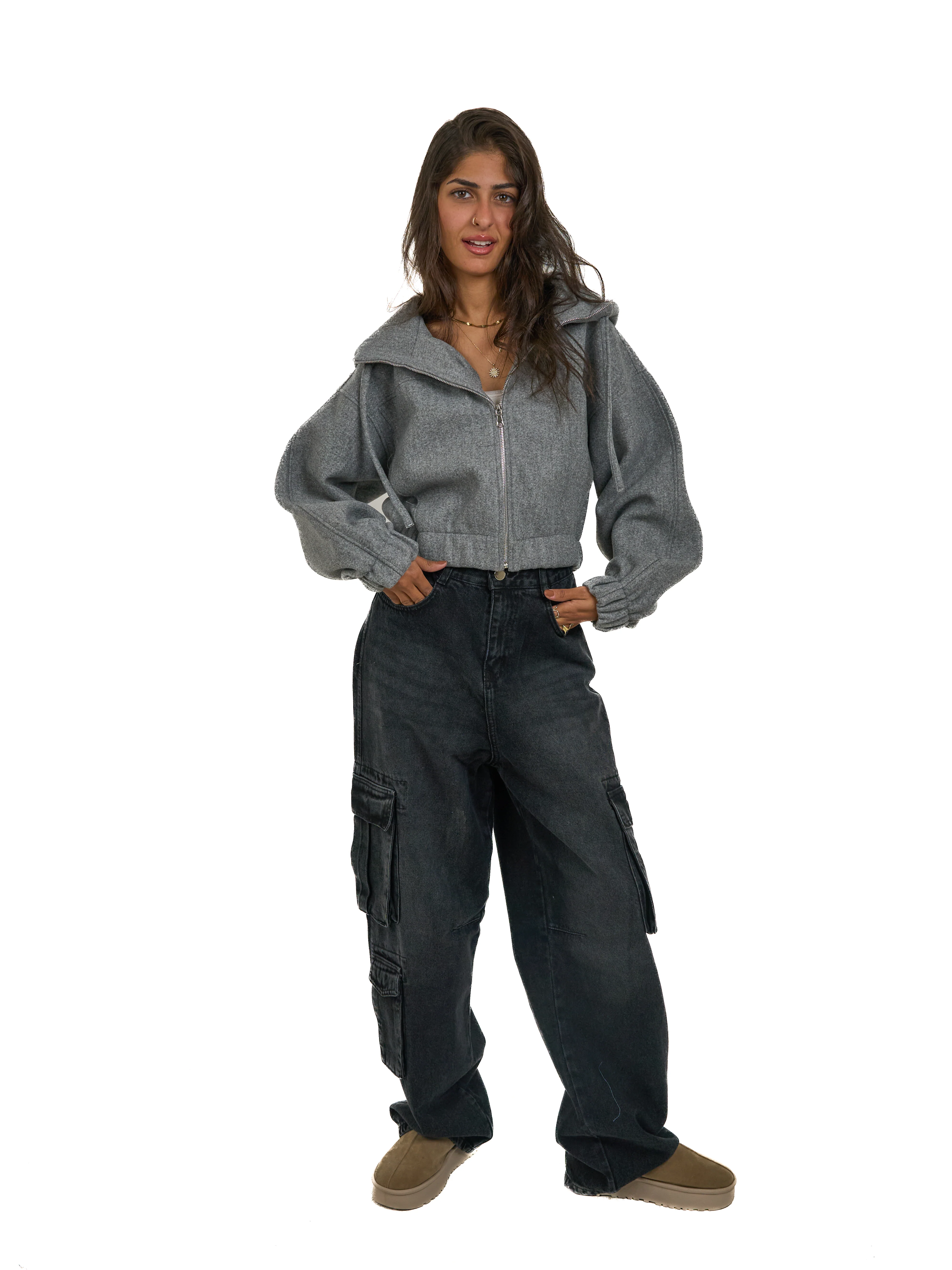 Cropped Zip Up Jacket in Grey - ricardofort
