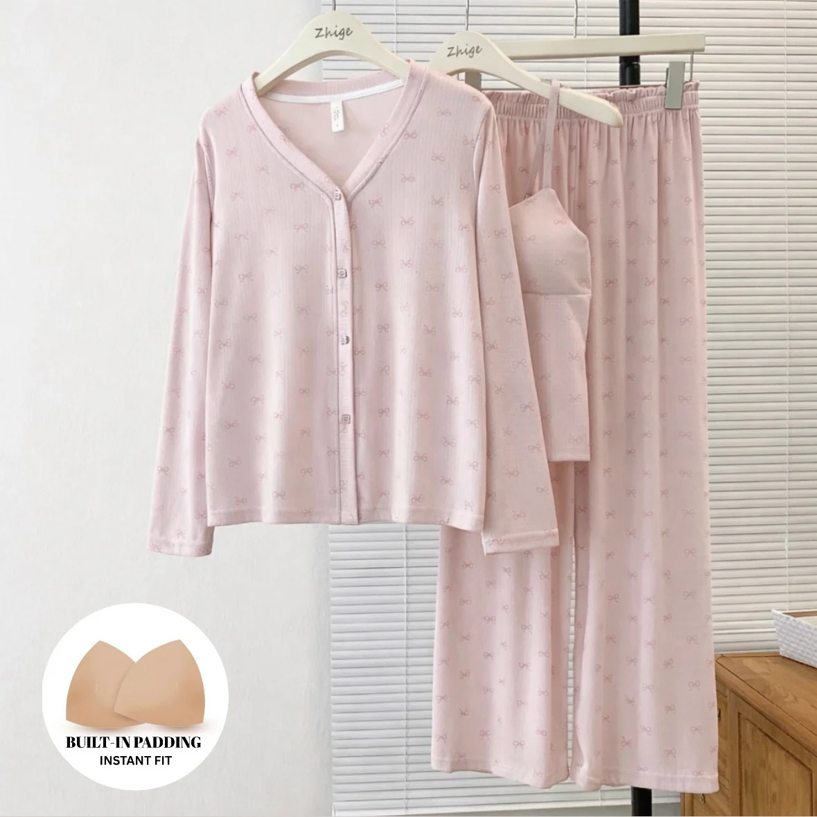 Cloudkiss Bow Padded Nightsuit - 3Pc Set - ricardofort