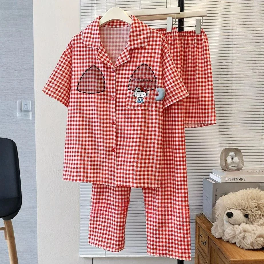 Kitty Gingham Padded Nightsuit -3pc Set - ricardofort