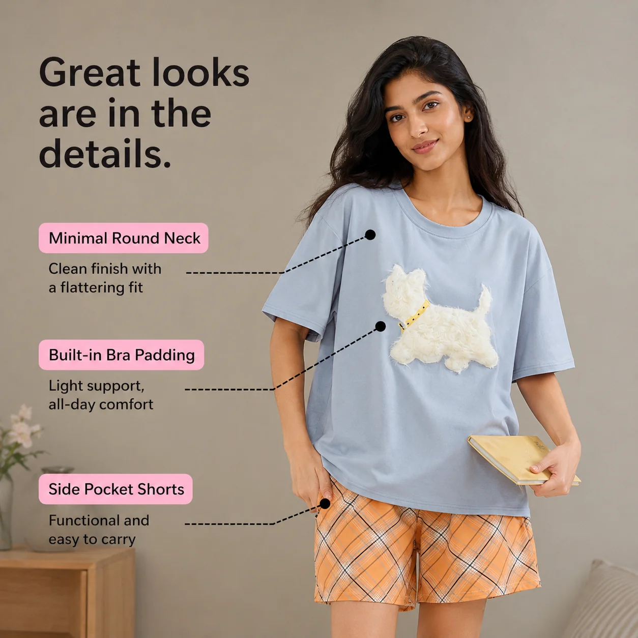 Peach Check Padded Nightsuit Set- 3pc Set - ricardofort