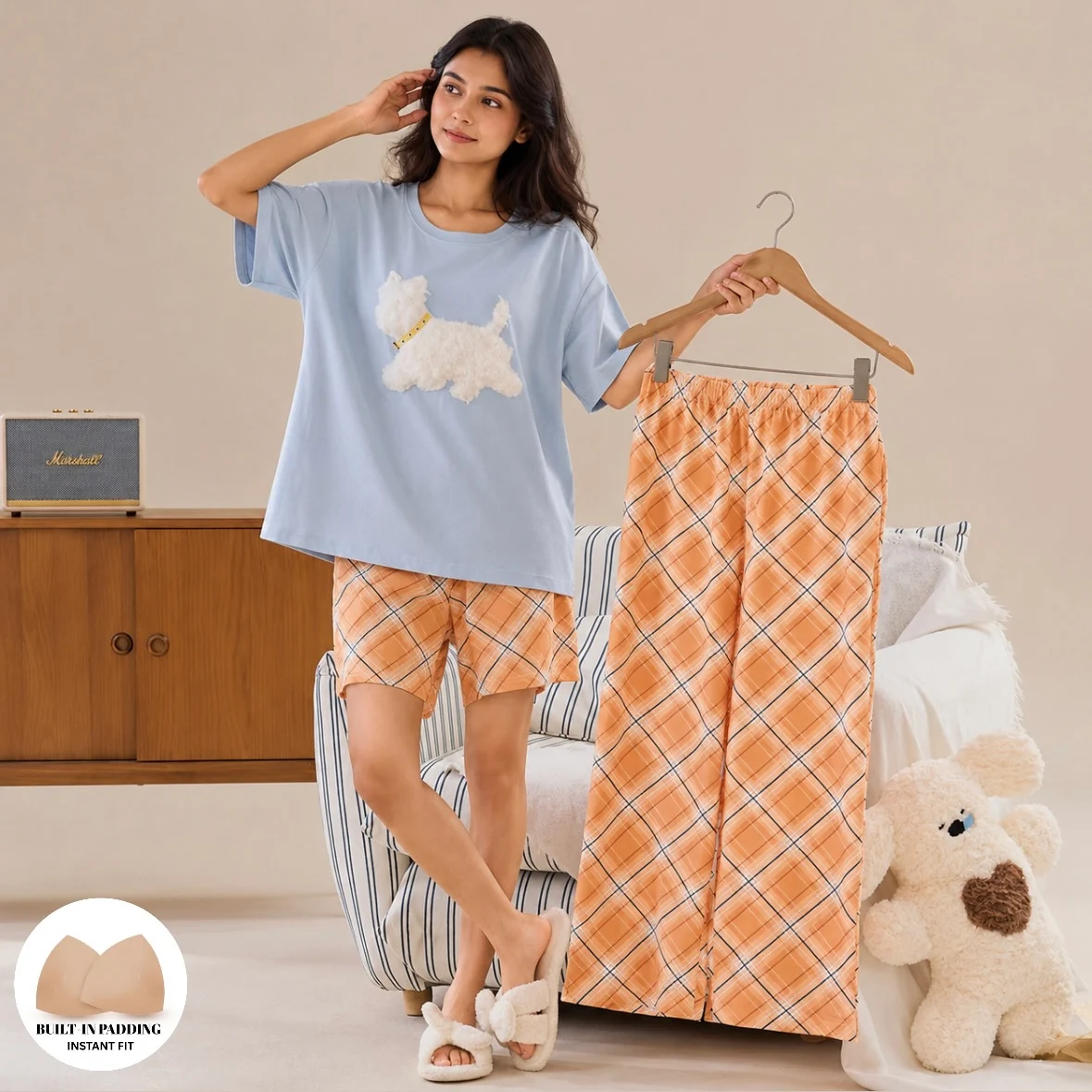 Peach Check Padded Nightsuit Set- 3pc Set - ricardofort