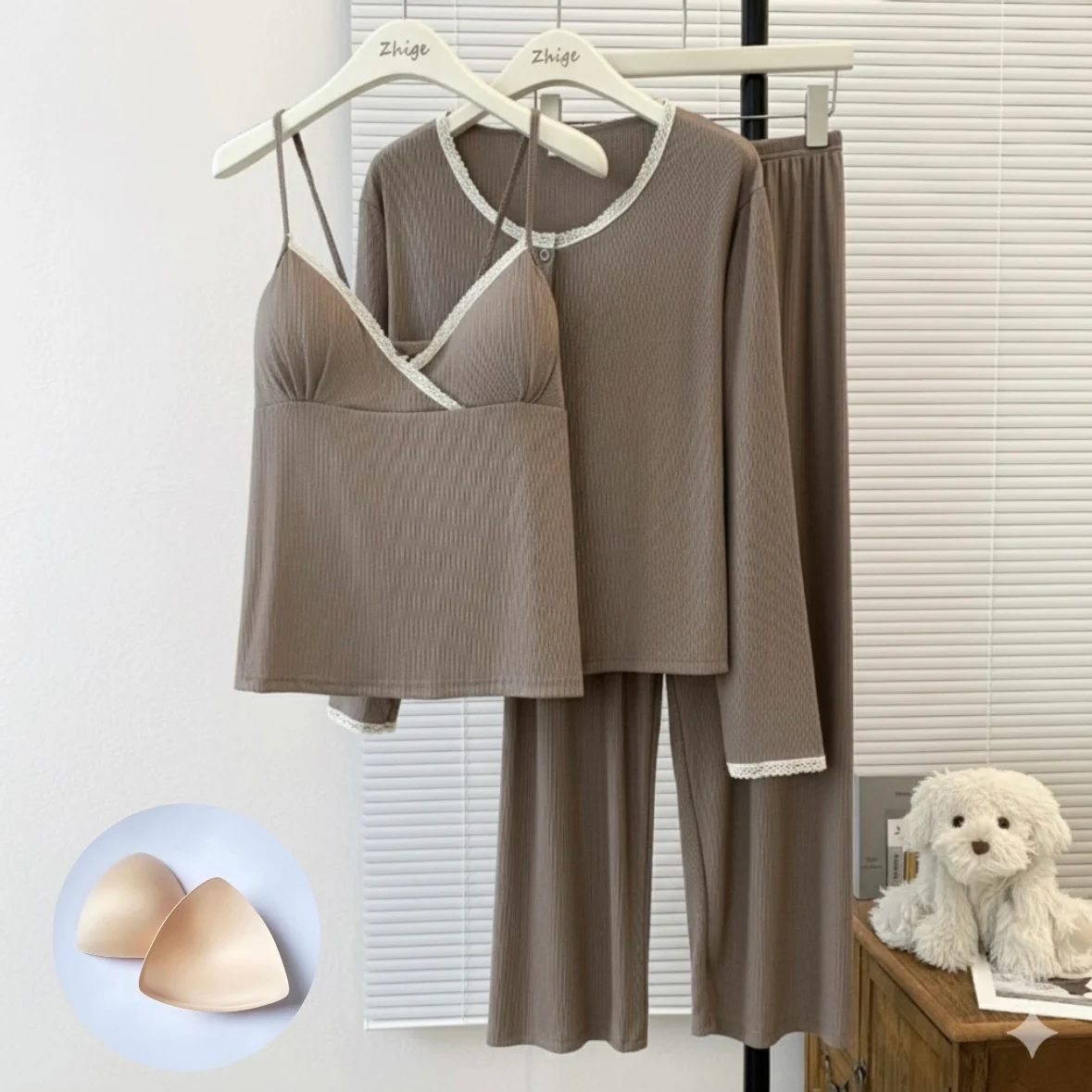 Warm Mocha Padded Nightsuit - 3pc Set - ricardofort