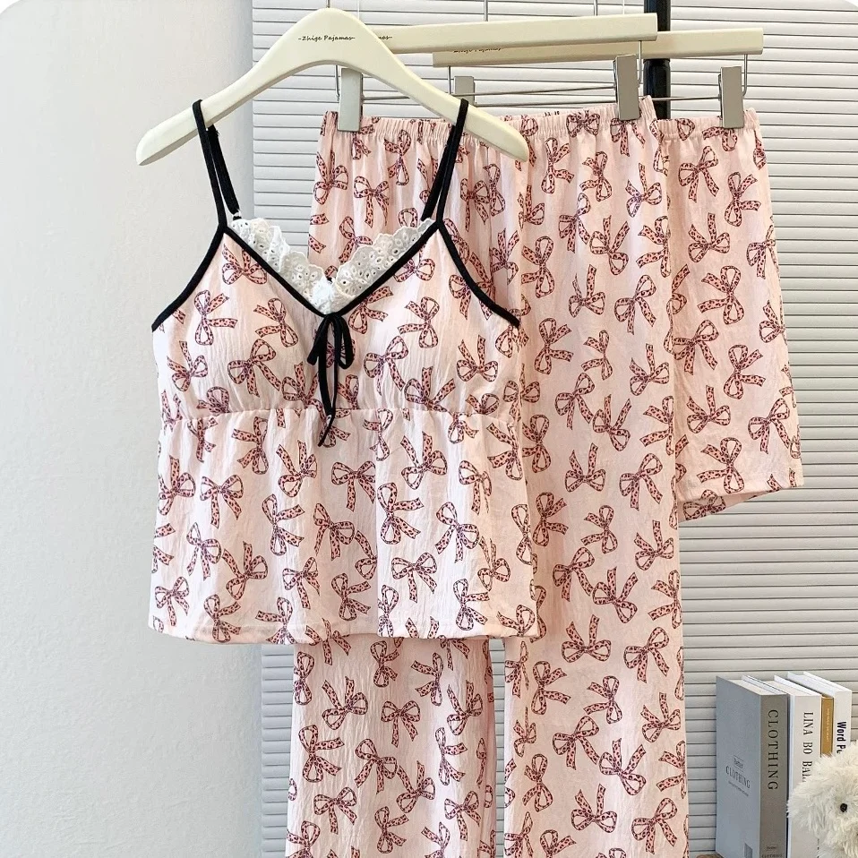Bow Ribbon Lace Padded Nightsuit -3pc Set - ricardofort