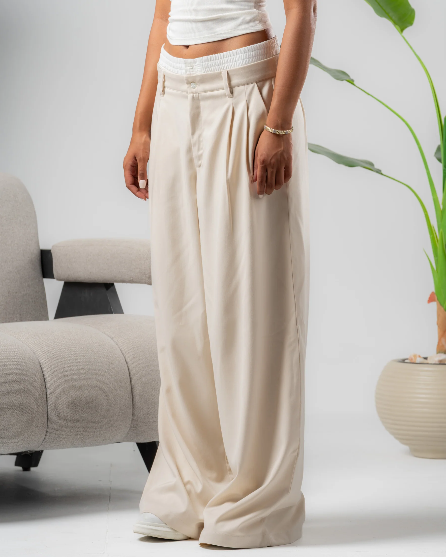 Beige Double Waist Wide leg pants - ricardofort