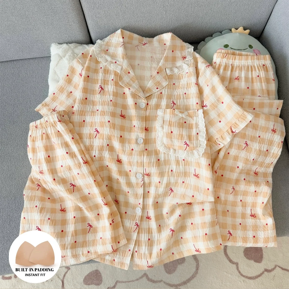 Aesthetic Bow Gingham Padded Nightsuit -3pcs Set - ricardofort