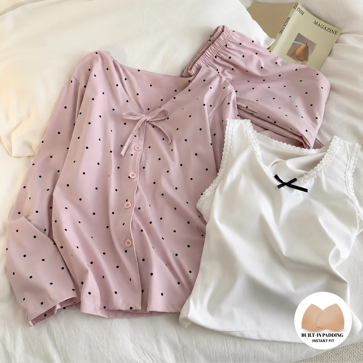 Pink Polka Bliss Padded Nightsuit- 3pc Set - ricardofort