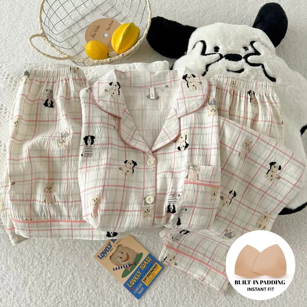 Puppy Patch Windowpane Padded Nightsuit - 3Pc Set - ricardofort