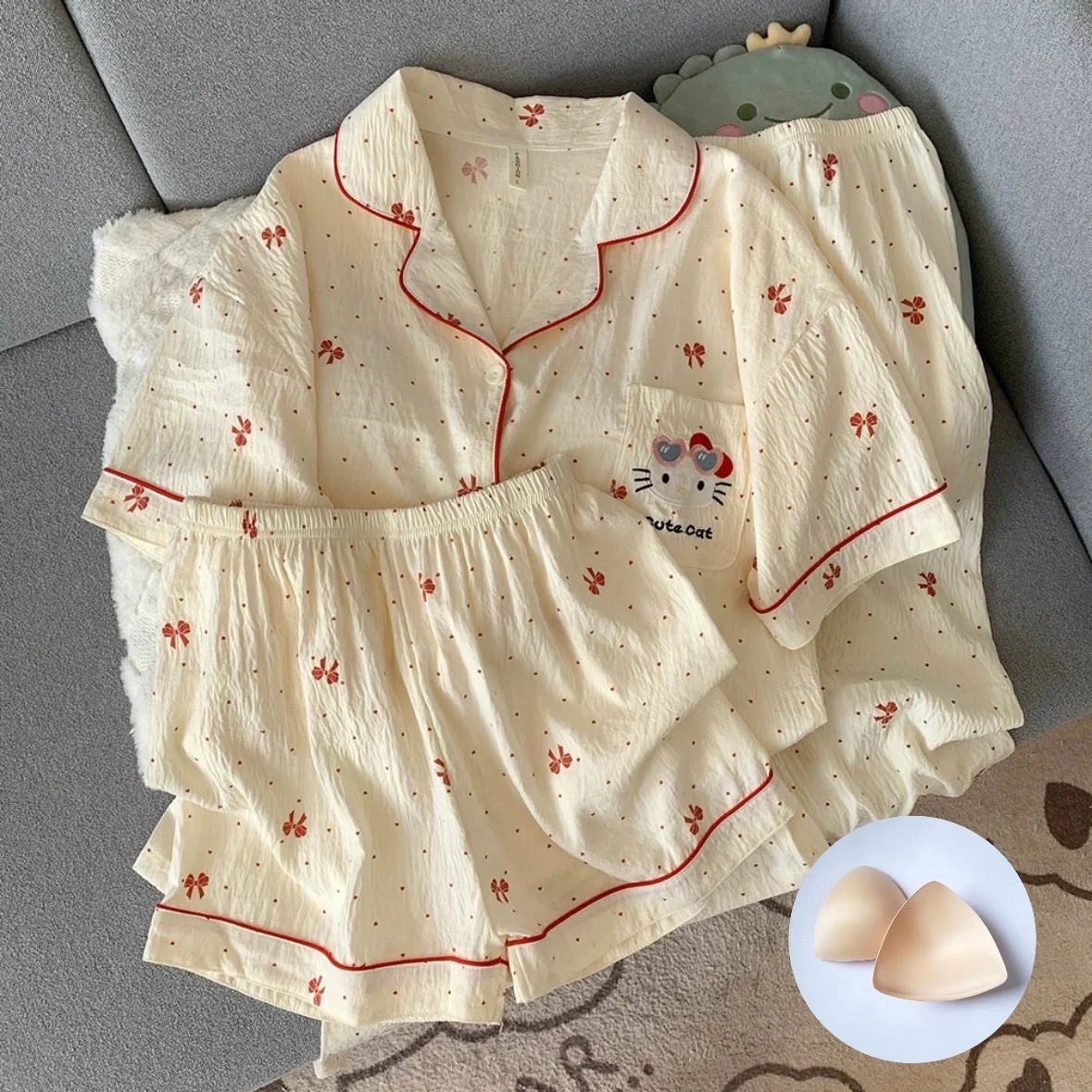 Red Ribbons Dreams Padded Nightsuit - 3pc Set - ricardofort