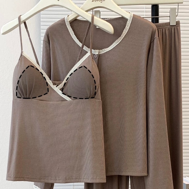 Warm Mocha Padded Nightsuit - 3pc Set - ricardofort