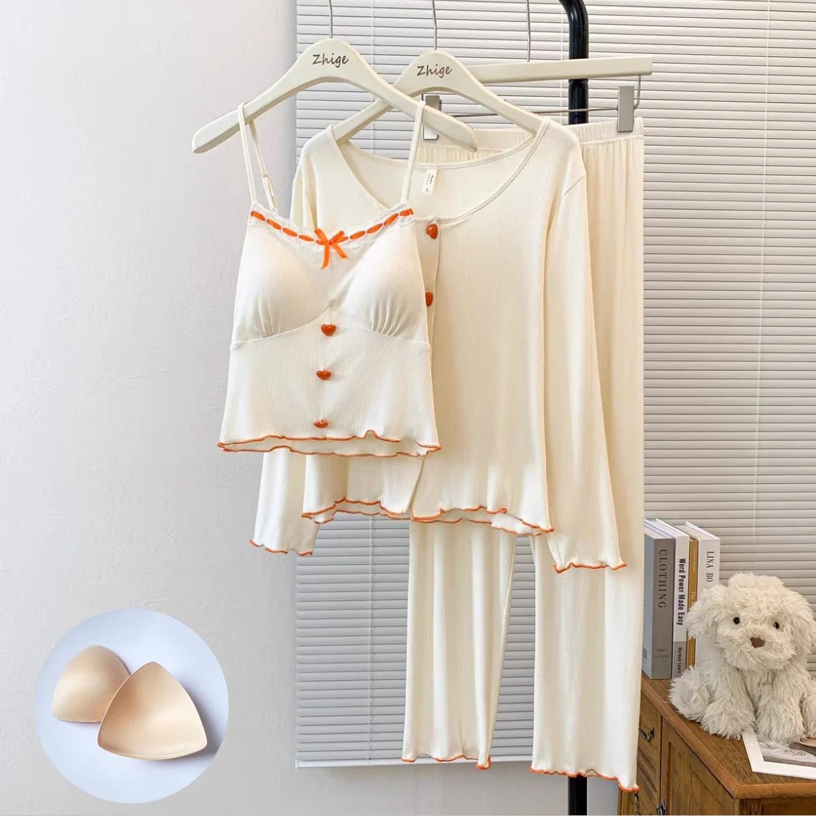 Creamy Heart Padded Nightsuit - 3pc Set - ricardofort