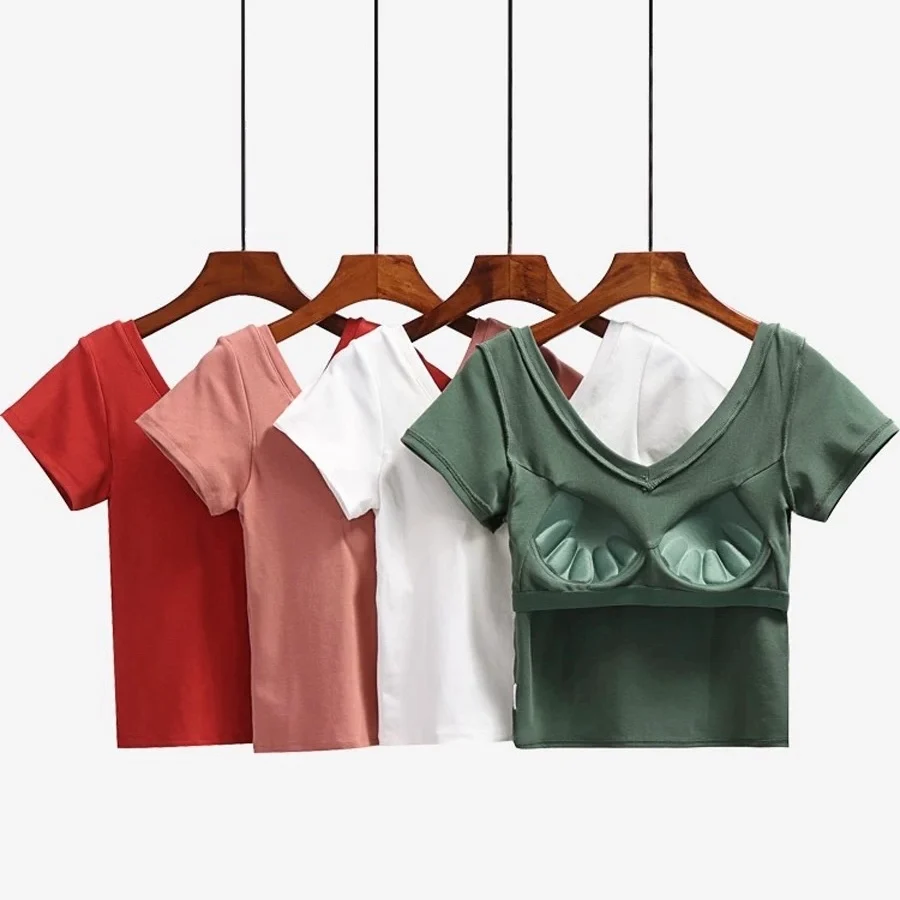Cassie Built-In Bra V-Neck T-shirt - ricardofort